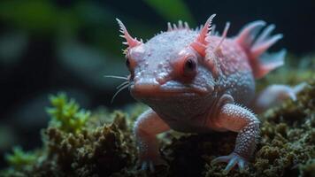 A close-up of a unique pink creature resembling a cross between a fish and a lizard. photo