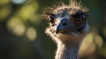 Close-up portrait of an emu with striking eyes and detailed feathers in a blurred background. photo