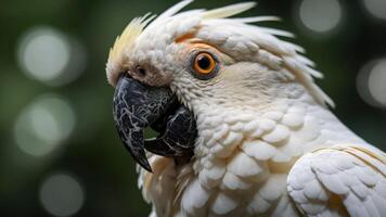 Close-up of a white cockatoo showcasing its vibrant feathers and expressive features. photo
