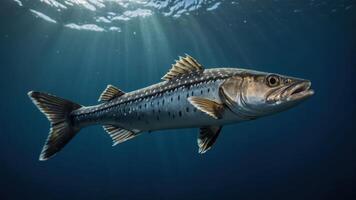 A barracuda swimming gracefully in the ocean, illuminated by sunlight from above. photo