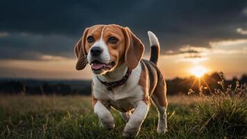 A playful beagle running in a grassy field during sunset. photo