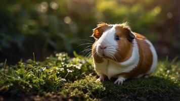 A cute guinea pig resting on grass in a sunlit outdoor setting. photo