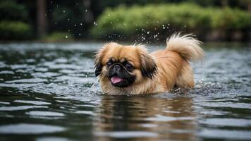 A playful dog splashes in a serene body of water, enjoying a sunny day outdoors. photo