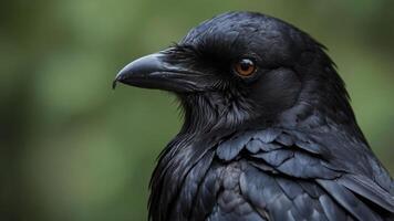 A close-up of a black bird, showcasing its intricate feathers and piercing eye. photo