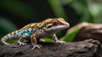 A close-up of a colorful gecko on a rock, showcasing its vibrant patterns and textures. photo