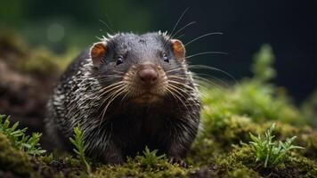 A close-up of a curious animal on mossy ground, showcasing its features and environment. photo