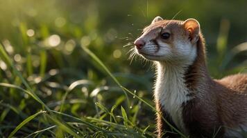 A close-up of a small mammal in a grassy field, illuminated by soft sunlight. photo