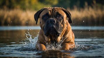 A Bullmastiff dog splashes through water, showcasing its playful nature in a natural setting. photo