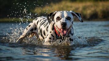 A playful Dalmatian dog splashes joyfully in a shallow body of water. photo