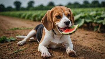A beagle enjoying a slice of watermelon in a field. photo