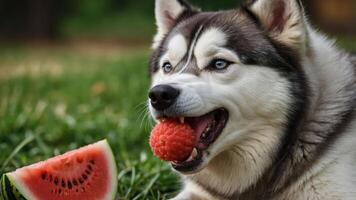 A playful dog enjoying a raspberry while sitting beside a slice of watermelon. photo