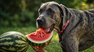 A playful dog enjoying a slice of watermelon in a sunny outdoor setting. photo