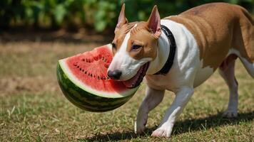 A playful dog joyfully carries a large slice of watermelon in its mouth. photo