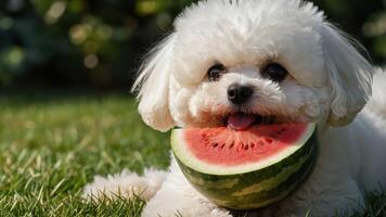 A fluffy dog happily holds a slice of watermelon in its mouth while sitting on grass. photo