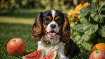 A playful dog surrounded by fruit in a sunny outdoor setting. photo