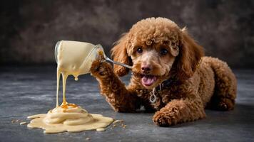 A playful dog with a spilled dessert, creating a humorous and adorable scene. photo