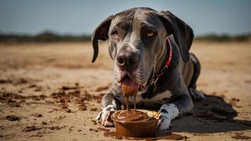 A dog enjoying a treat on a sandy surface, with chocolate-like substance in a bowl. photo