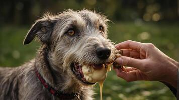 A dog enjoying a treat while a person offers it food. photo