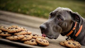 A dog curiously eyeing a pile of chocolate chip cookies on a wooden surface. photo