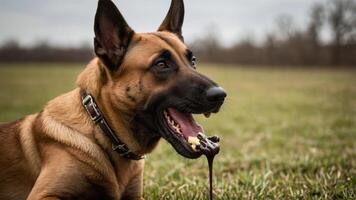A dog enjoying a treat in a grassy field with a joyful expression. photo