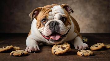 A playful bulldog surrounded by chocolate chip cookies, showcasing a fun and adorable scene. photo