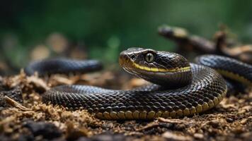 A close-up of a snake resting on the ground, showcasing its scales and environment. photo