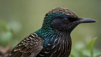 A close-up of a bird showcasing its iridescent feathers and sharp features. photo