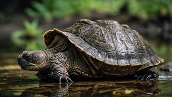 A turtle resting near the water's edge in a natural setting. photo