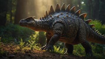 A detailed depiction of a dinosaur-like creature in a lush forest environment. photo