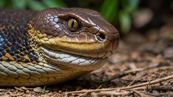 Close-up of a snake showcasing its textured scales and distinctive features. photo
