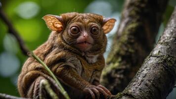 A close-up of a small primate with large eyes perched on a tree branch. photo