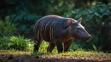 A tapir walks through a lush, green environment, showcasing its unique striped pattern. photo