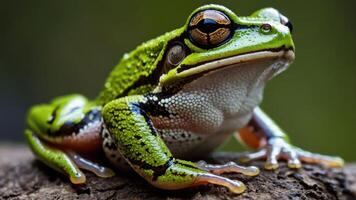 A close-up of a vibrant green frog perched on a log, showcasing its intricate patterns and colors. photo