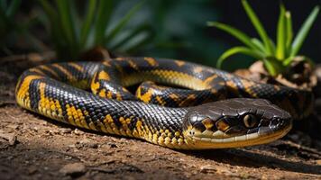 A close-up of a vibrant snake resting on the ground amidst greenery. photo