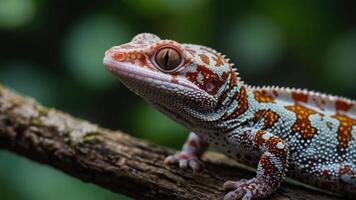 A close-up of a colorful gecko resting on a branch in a lush environment. photo