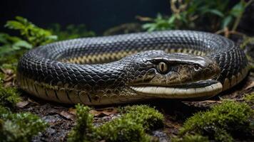 A close-up of a large snake resting on mossy ground in a natural habitat. photo