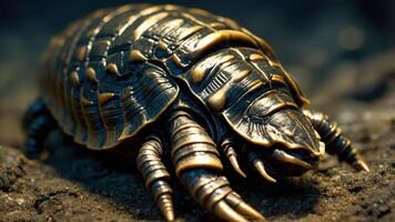 A close-up of a bronze-colored turtle-like creature on a textured surface. photo
