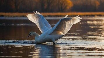 A graceful swan spreads its wings while gliding on a serene lake at sunset. photo