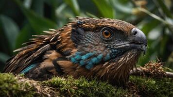 A close-up of a bird with vibrant feathers resting on moss amidst greenery. photo