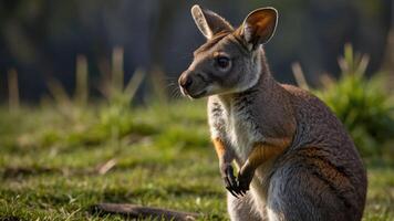 A close-up of a kangaroo in a grassy field, showcasing its features and natural habitat. photo