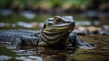 A close-up of a lizard partially submerged in water, showcasing its detailed scales. photo