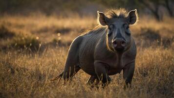 A wild warthog stands in a grassy field during golden hour. photo