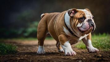 A playful bulldog walking on a dirt path in a natural setting. photo