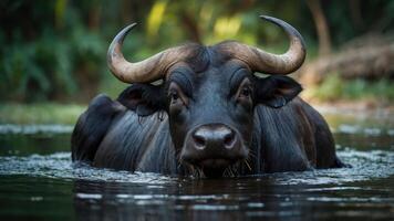 A water buffalo wading in a serene water setting, showcasing its majestic presence. photo