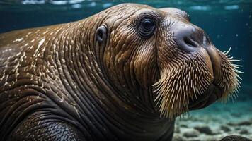 A close-up of a walrus underwater, showcasing its whiskers and expressive features. photo