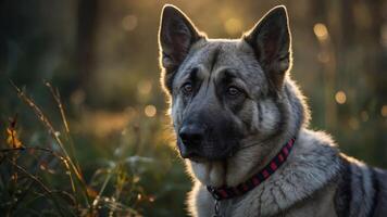 A close-up of a dog with a striking coat and attentive expression in a natural setting. photo