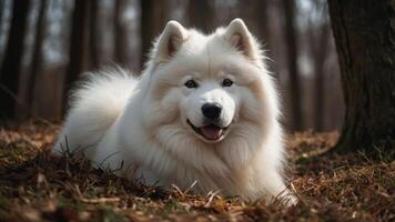 A fluffy white dog resting in a forest setting, showcasing its playful demeanor. photo