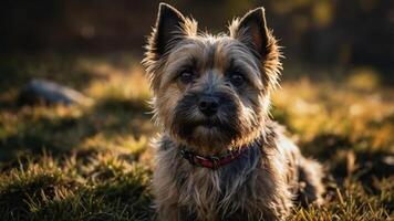 A close-up of a small, fluffy dog sitting on grass with a warm, blurred background. photo