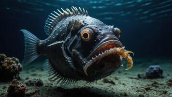 A close-up of a unique fish swimming underwater, showcasing its features and environment. photo