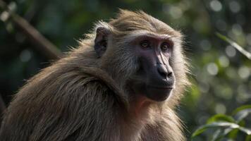 A close-up of a baboon showcasing its expressive features in a natural setting. photo